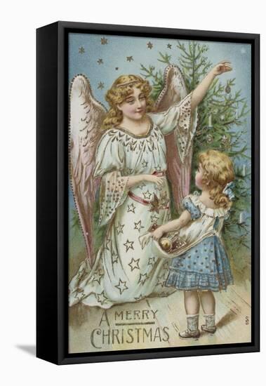 A Merry Christmas Postcard with an Angel and Little Girl-null-Framed Premier Image Canvas