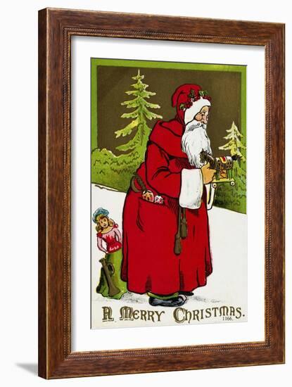 A Merry Christmas Postcard with Santa Claus Holding a Toy-null-Framed Giclee Print