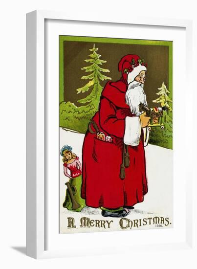 A Merry Christmas Postcard with Santa Claus Holding a Toy-null-Framed Giclee Print