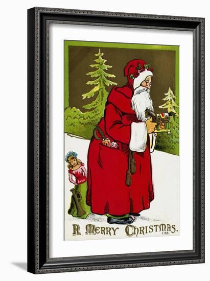 A Merry Christmas Postcard with Santa Claus Holding a Toy-null-Framed Giclee Print