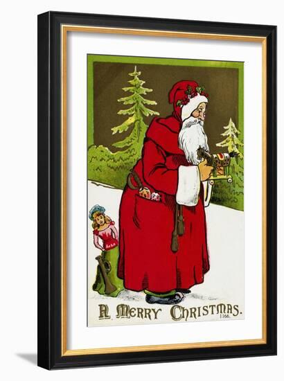 A Merry Christmas Postcard with Santa Claus Holding a Toy-null-Framed Giclee Print