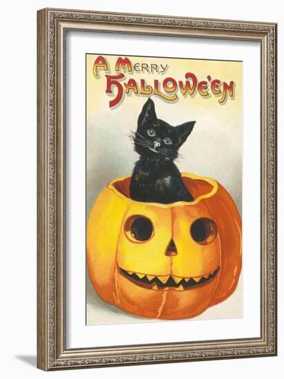 A Merry Halloween, Cat in Jack O'Lantern-null-Framed Art Print