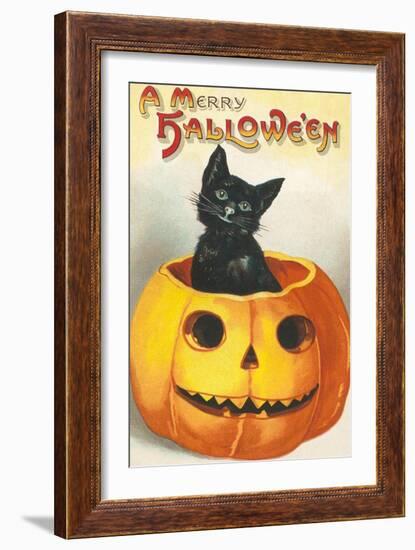 A Merry Halloween, Cat in Jack O'Lantern-null-Framed Art Print