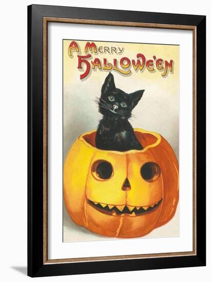 A Merry Halloween, Cat in Jack O'Lantern-null-Framed Art Print