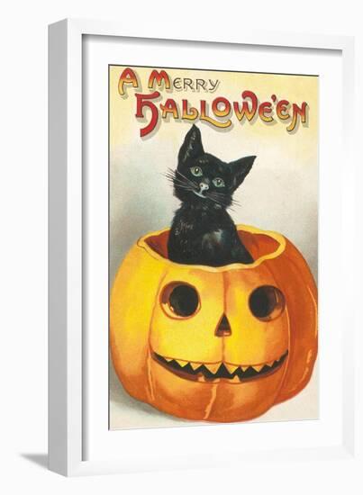 A Merry Halloween, Cat in Jack O'Lantern-null-Framed Art Print