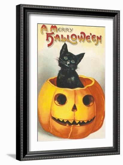 A Merry Halloween, Cat in Jack O'Lantern-null-Framed Art Print