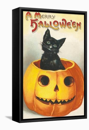 A Merry Halloween, Cat in Jack O'Lantern-null-Framed Stretched Canvas