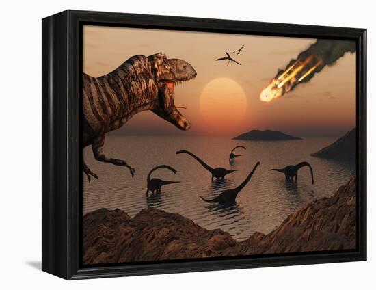 A Mighty T. Rex Roars from Overhead as a Giant Fireball Falls from the Sky-Stocktrek Images-Framed Premier Image Canvas