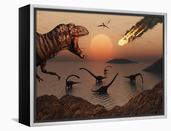 A Mighty T. Rex Roars from Overhead as a Giant Fireball Falls from the Sky-Stocktrek Images-Framed Premier Image Canvas