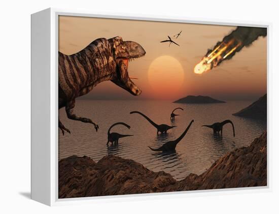 A Mighty T. Rex Roars from Overhead as a Giant Fireball Falls from the Sky-Stocktrek Images-Framed Premier Image Canvas
