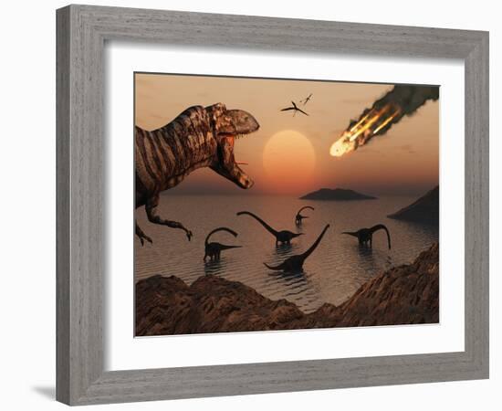 A Mighty T. Rex Roars from Overhead as a Giant Fireball Falls from the Sky-Stocktrek Images-Framed Photographic Print