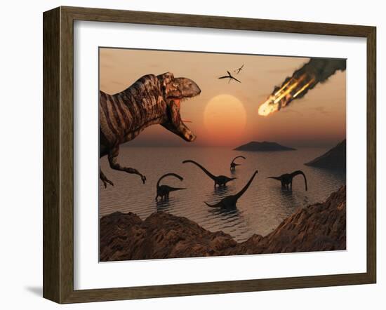 A Mighty T. Rex Roars from Overhead as a Giant Fireball Falls from the Sky-Stocktrek Images-Framed Photographic Print