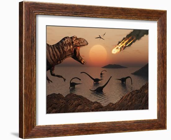 A Mighty T. Rex Roars from Overhead as a Giant Fireball Falls from the Sky-Stocktrek Images-Framed Photographic Print