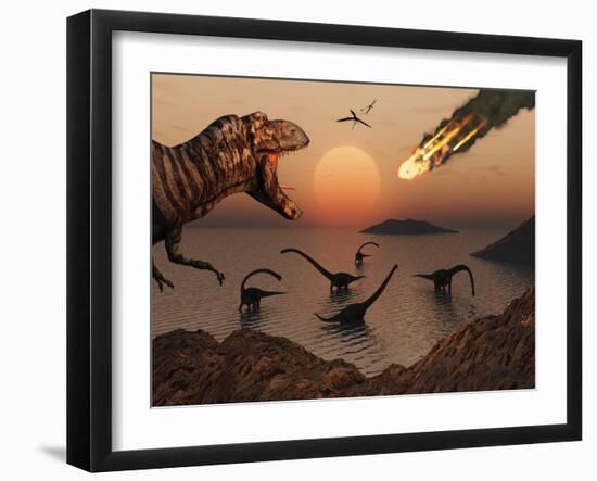 A Mighty T. Rex Roars from Overhead as a Giant Fireball Falls from the Sky-Stocktrek Images-Framed Photographic Print