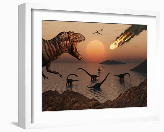 A Mighty T. Rex Roars from Overhead as a Giant Fireball Falls from the Sky-Stocktrek Images-Framed Photographic Print