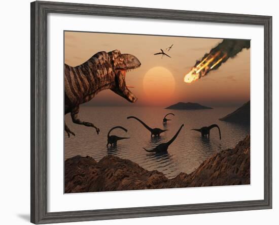 A Mighty T. Rex Roars from Overhead as a Giant Fireball Falls from the Sky-Stocktrek Images-Framed Photographic Print