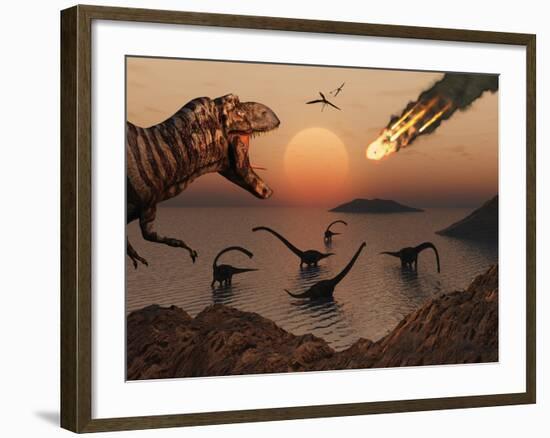 A Mighty T. Rex Roars from Overhead as a Giant Fireball Falls from the Sky-Stocktrek Images-Framed Photographic Print