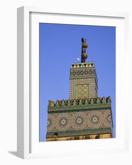 A Minaret with the Early Moon in the Background; Old Medina in Fes, Morocco-Julian Love-Framed Photographic Print