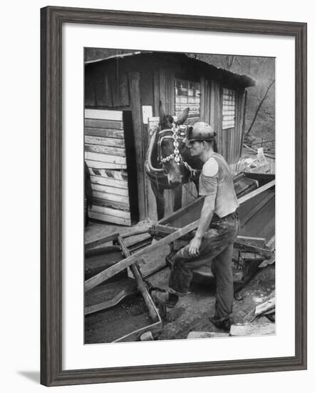 A Miner Standing with a Mule at the Rock House Coal Co. Mine-null-Framed Photographic Print