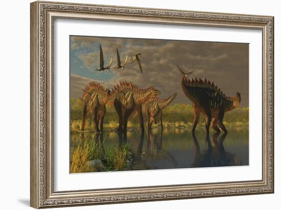 A Miragaia Dinosaur Bellows in Protest as Others Try to Join Him in the Marsh-null-Framed Art Print