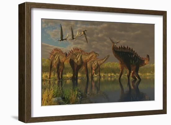 A Miragaia Dinosaur Bellows in Protest as Others Try to Join Him in the Marsh-null-Framed Art Print