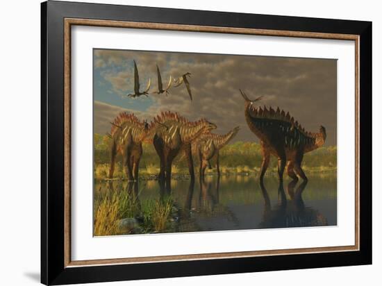 A Miragaia Dinosaur Bellows in Protest as Others Try to Join Him in the Marsh-null-Framed Art Print