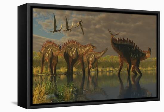 A Miragaia Dinosaur Bellows in Protest as Others Try to Join Him in the Marsh-null-Framed Stretched Canvas