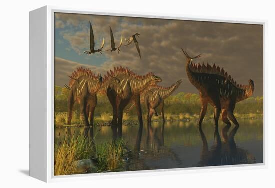 A Miragaia Dinosaur Bellows in Protest as Others Try to Join Him in the Marsh-null-Framed Stretched Canvas