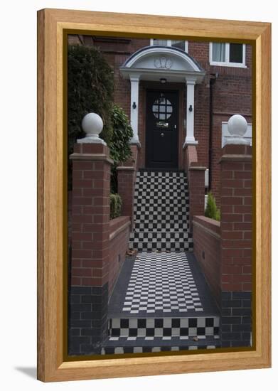 A Modern Black Front Door of a Residential House. With Black and White Stairs, and Pathway-Natalie Tepper-Framed Stretched Canvas