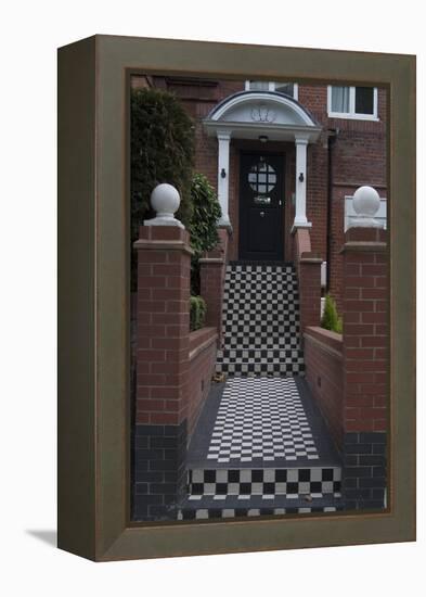 A Modern Black Front Door of a Residential House. With Black and White Stairs, and Pathway-Natalie Tepper-Framed Stretched Canvas