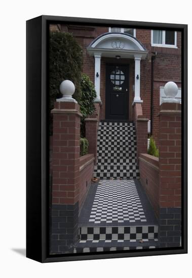 A Modern Black Front Door of a Residential House. With Black and White Stairs, and Pathway-Natalie Tepper-Framed Stretched Canvas