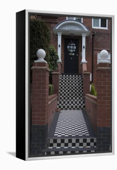 A Modern Black Front Door of a Residential House. With Black and White Stairs, and Pathway-Natalie Tepper-Framed Stretched Canvas