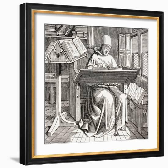 A Monk Scribe Surrounded by Manuscripts and Books at His Desk, after a 15th Century Work, from…-null-Framed Giclee Print