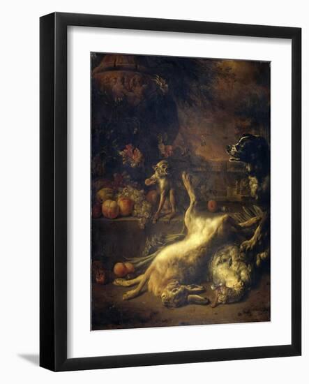 A Monkey and a Dog with Dead Game and Fruit-Jan Weenix-Framed Art Print