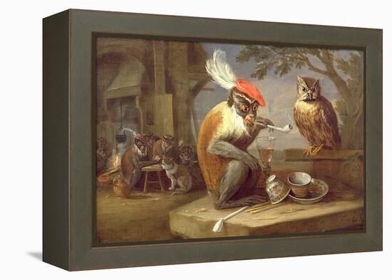 A Monkey Smoking and Drinking with an Owl-Ferdinand van Kessel-Framed Premier Image Canvas