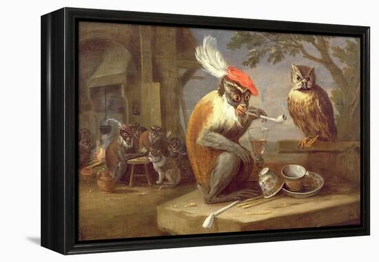 A Monkey Smoking and Drinking with an Owl-Ferdinand van Kessel-Framed Premier Image Canvas