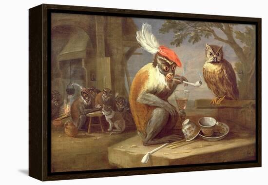 A Monkey Smoking and Drinking with an Owl-Ferdinand van Kessel-Framed Premier Image Canvas