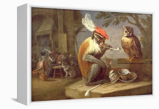 A Monkey Smoking and Drinking with an Owl-Ferdinand van Kessel-Framed Premier Image Canvas