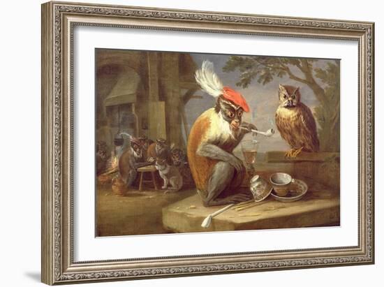 A Monkey Smoking and Drinking with an Owl-Ferdinand van Kessel-Framed Giclee Print