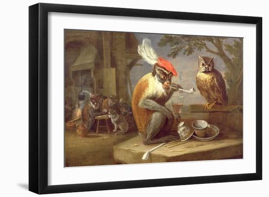 A Monkey Smoking and Drinking with an Owl-Ferdinand van Kessel-Framed Giclee Print