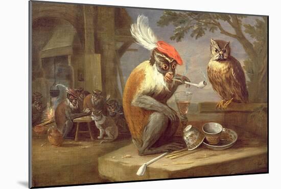 A Monkey Smoking and Drinking with an Owl-Ferdinand van Kessel-Mounted Giclee Print