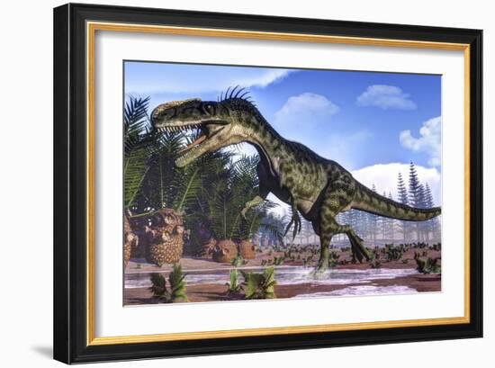 A Monolophosaurus Dinosaur Walking Amongst Cycas and Calamites-Stocktrek Images-Framed Art Print