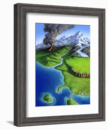 A Montage of Earth's Features Including a Volcano, River, Storm and Mountains-null-Framed Art Print