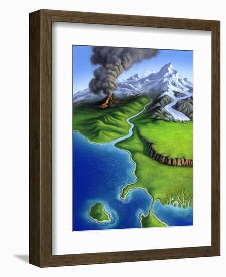 A Montage of Earth's Features Including a Volcano, River, Storm and Mountains-null-Framed Art Print