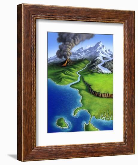 A Montage of Earth's Features Including a Volcano, River, Storm and Mountains-null-Framed Art Print