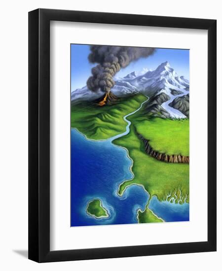 A Montage of Earth's Features Including a Volcano, River, Storm and Mountains-null-Framed Art Print