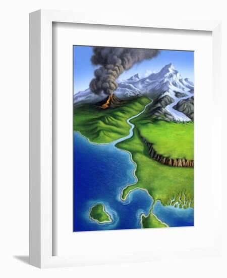 A Montage of Earth's Features Including a Volcano, River, Storm and Mountains-null-Framed Art Print