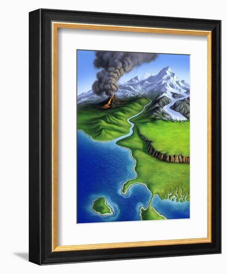 A Montage of Earth's Features Including a Volcano, River, Storm and Mountains-null-Framed Art Print