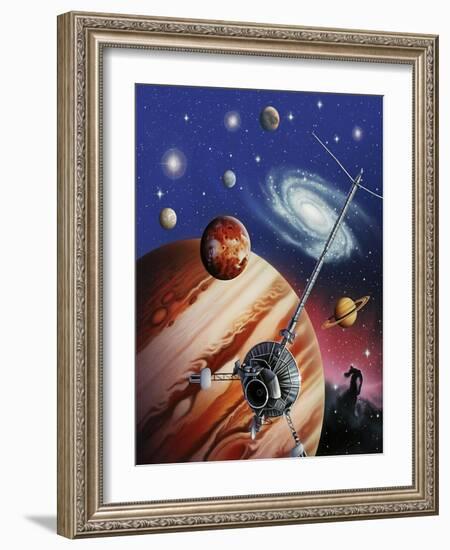 A Montage of the Universe Featuring Astronomical Objects and an Exploratory Craft-null-Framed Art Print