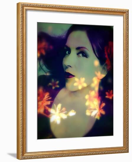 A Moody Evening Portrait of a Woman with Bright Flower Appearence-Alaya Gadeh-Framed Photographic Print